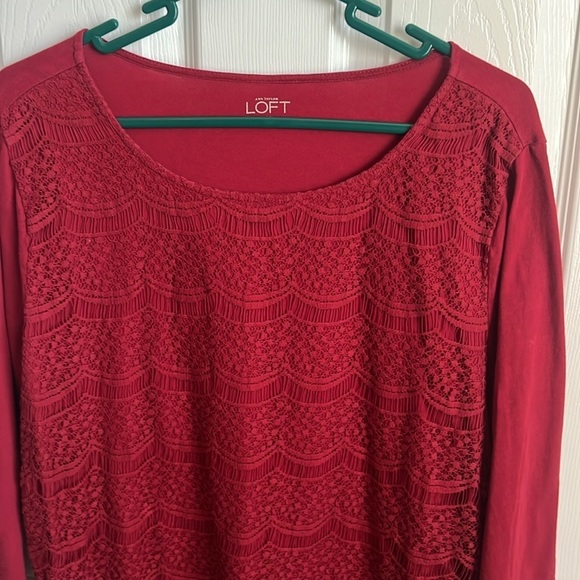 LOFT‎ Lace Top Blouse 3/4 Sleeve Cranberry Red Elegant Party Casual Size XL - Picture 3 of 10